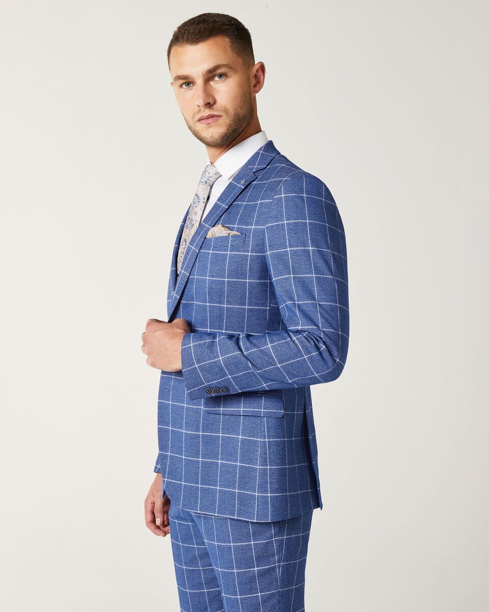 Mens Blue Windowpane Tailored Suit Jacket